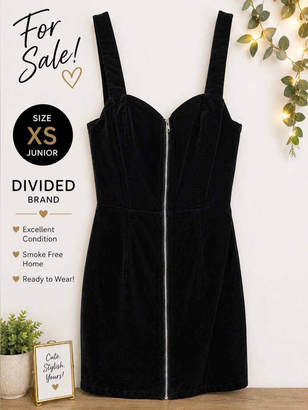 Divided Black Velvet Mini Dress with Front Zip Detail